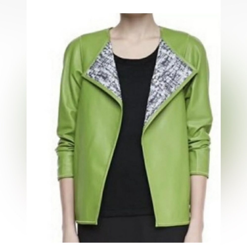 Lafayette 148 100% leather Olive Green Open Front Jacket - Picture 2 of 13